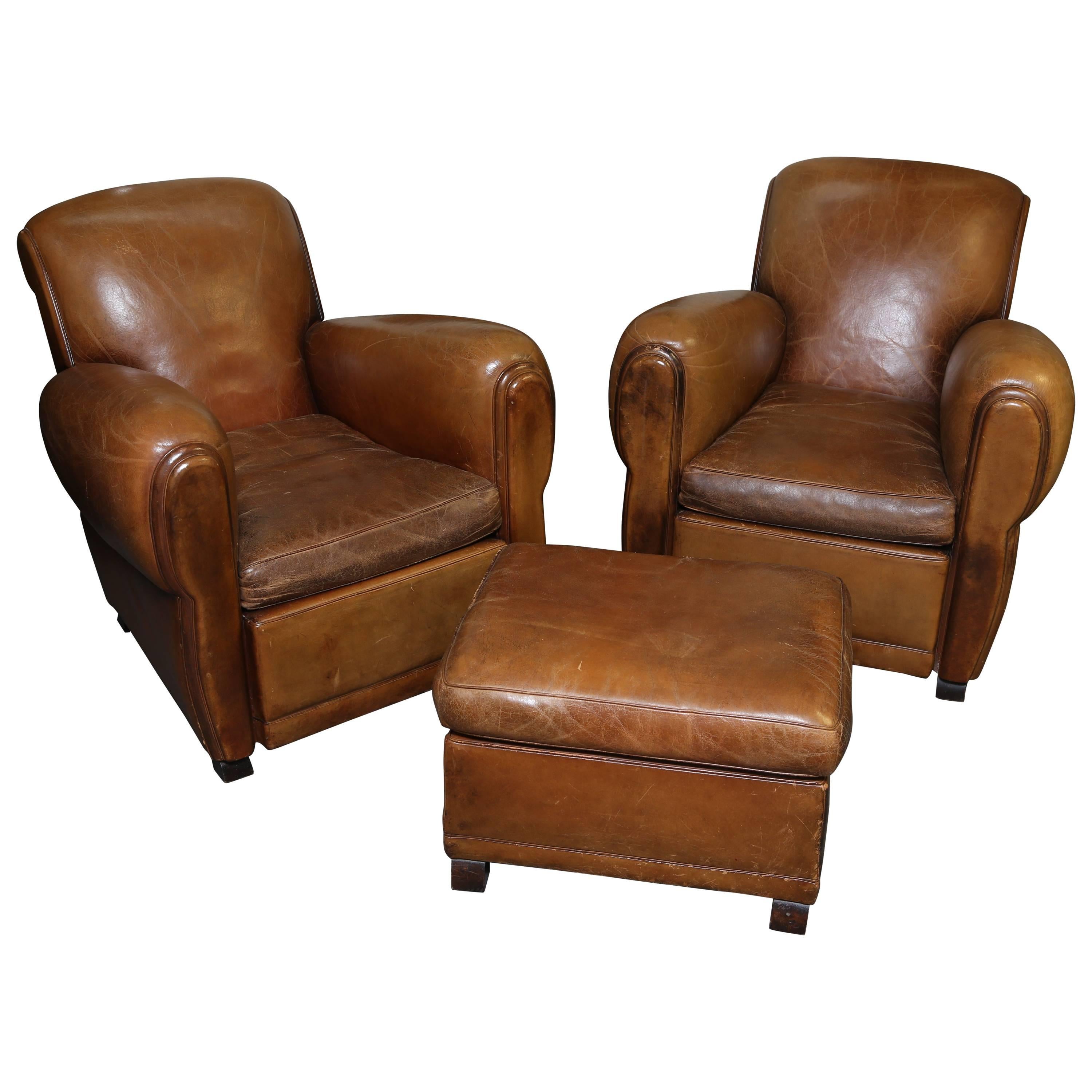 French Art Deco Leather Chairs with Ottoman