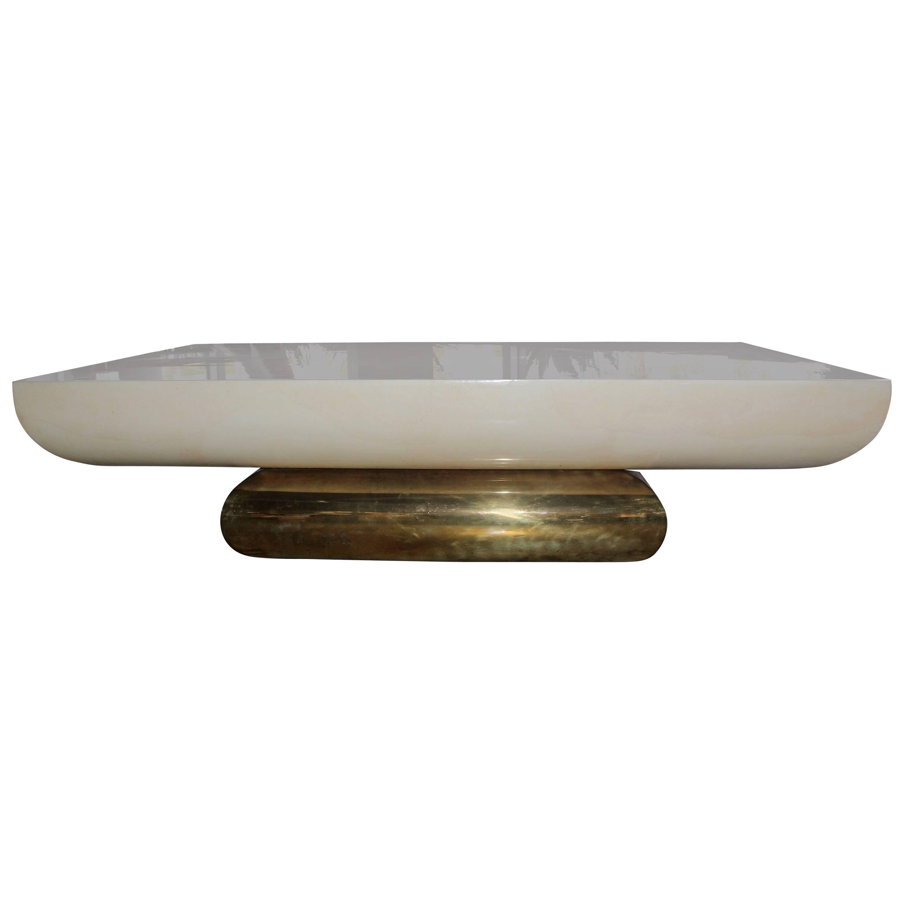 Spectacular Parchment Coffee Table with Brass Base