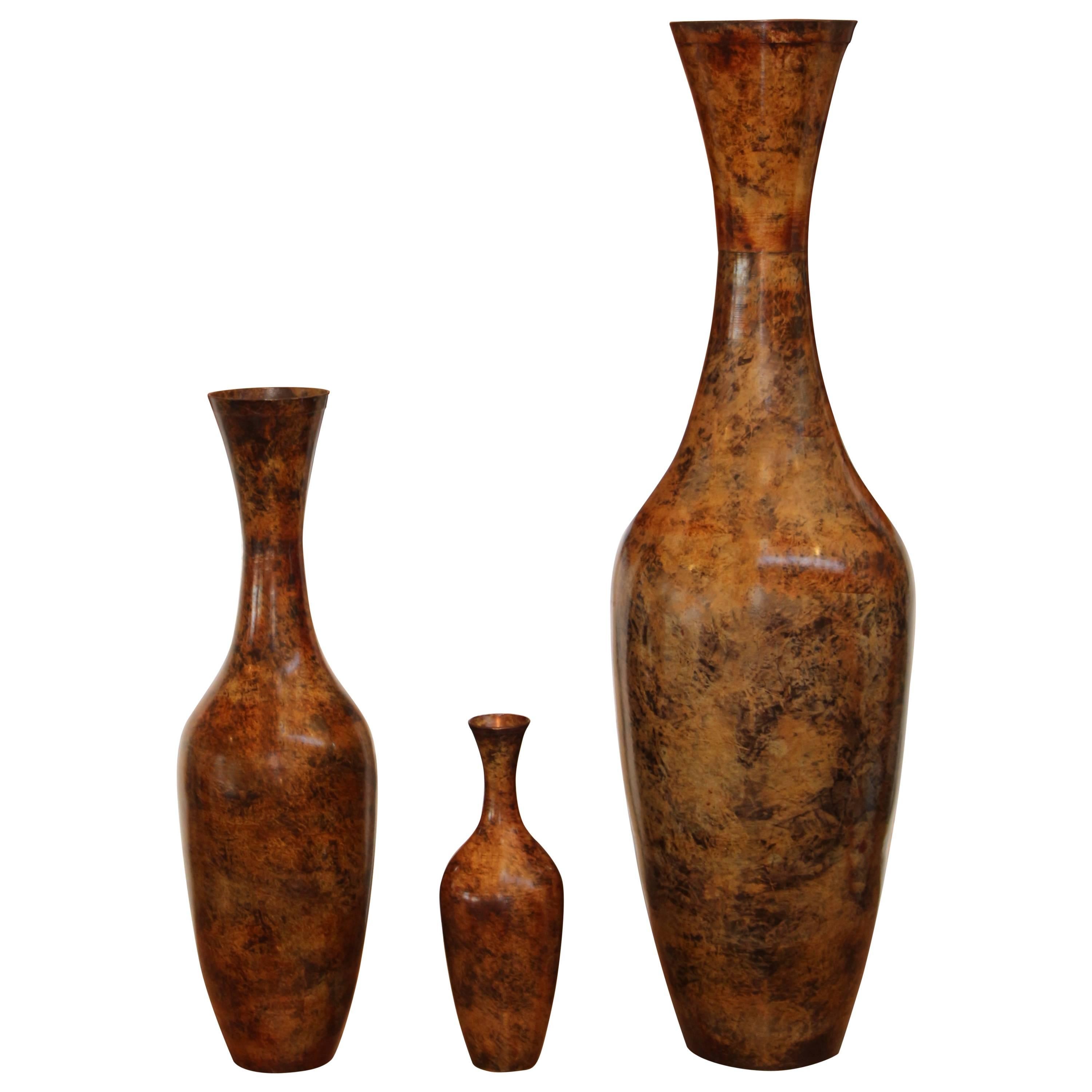 Three Graduated Bronze Vases Patinated with a Great Tortoise Patina