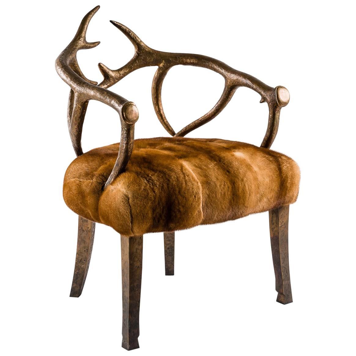 Deer Bronze and Fur Armchair Golden Mink Upholstery For Sale