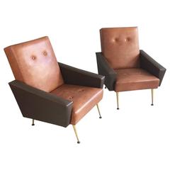Pair of 1960s French Two-Tone Vinyl Armchairs with Brass Effect Tapered Feet