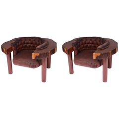 1960s Brutalist Mahogany and Faux Leather Pair of Armchairs