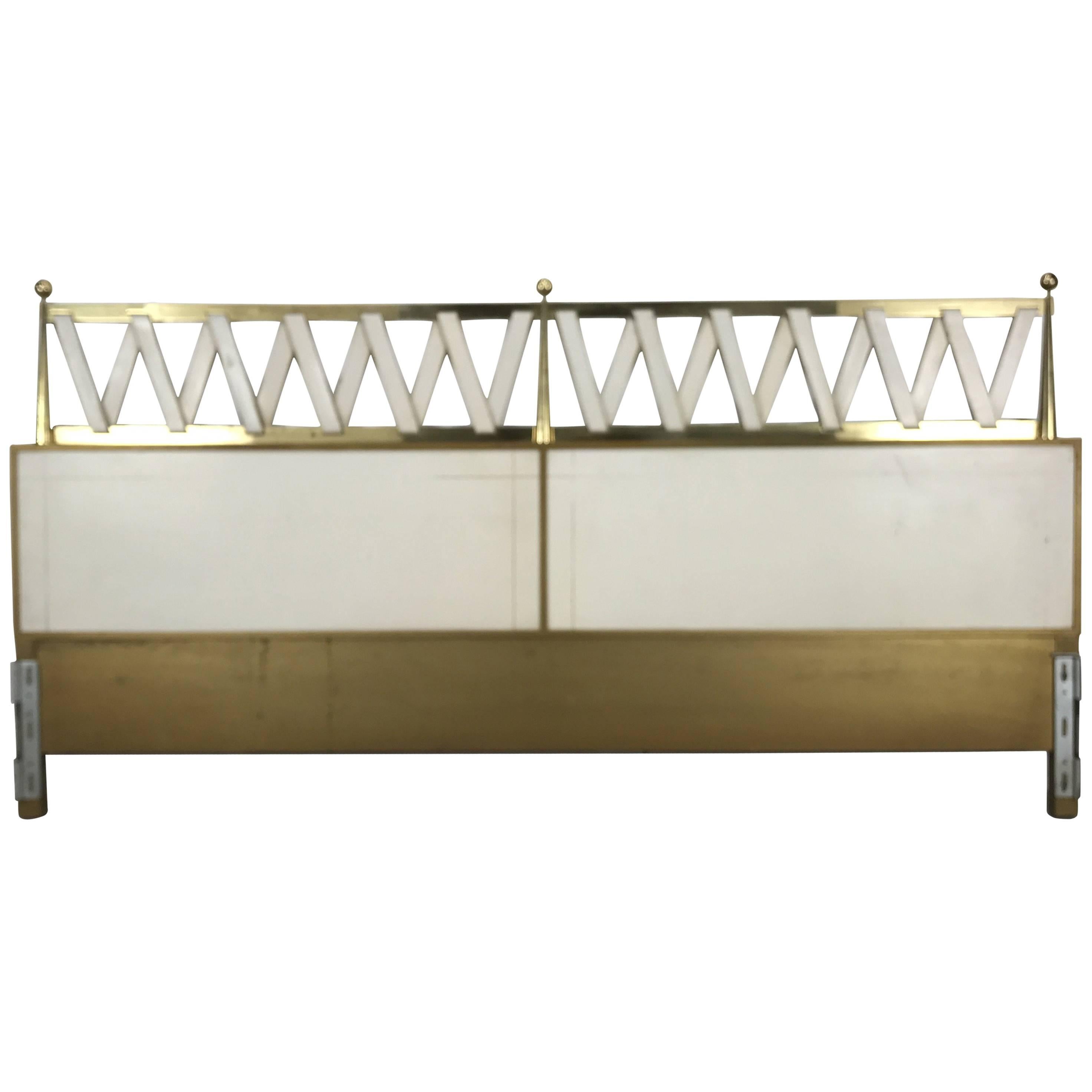 Hollywood Regency King Size Headboard, Leather and Brass, in Style of Parzinger