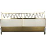 Hollywood Regency King Size Headboard, Leather and Brass, in Style of Parzinger