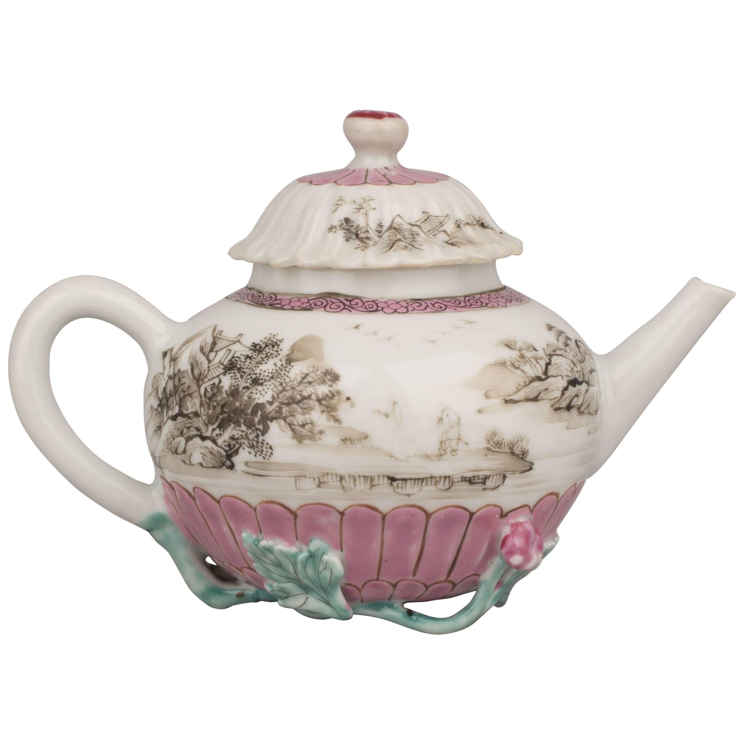 Chinese Famille Rose Moulded Porcelain Teapot and Cover, 18th Century For Sale