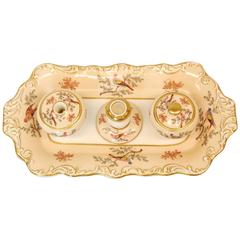 19th Century Ladies Porcelain Inkstand with Flowers and Birds in Mint Condition