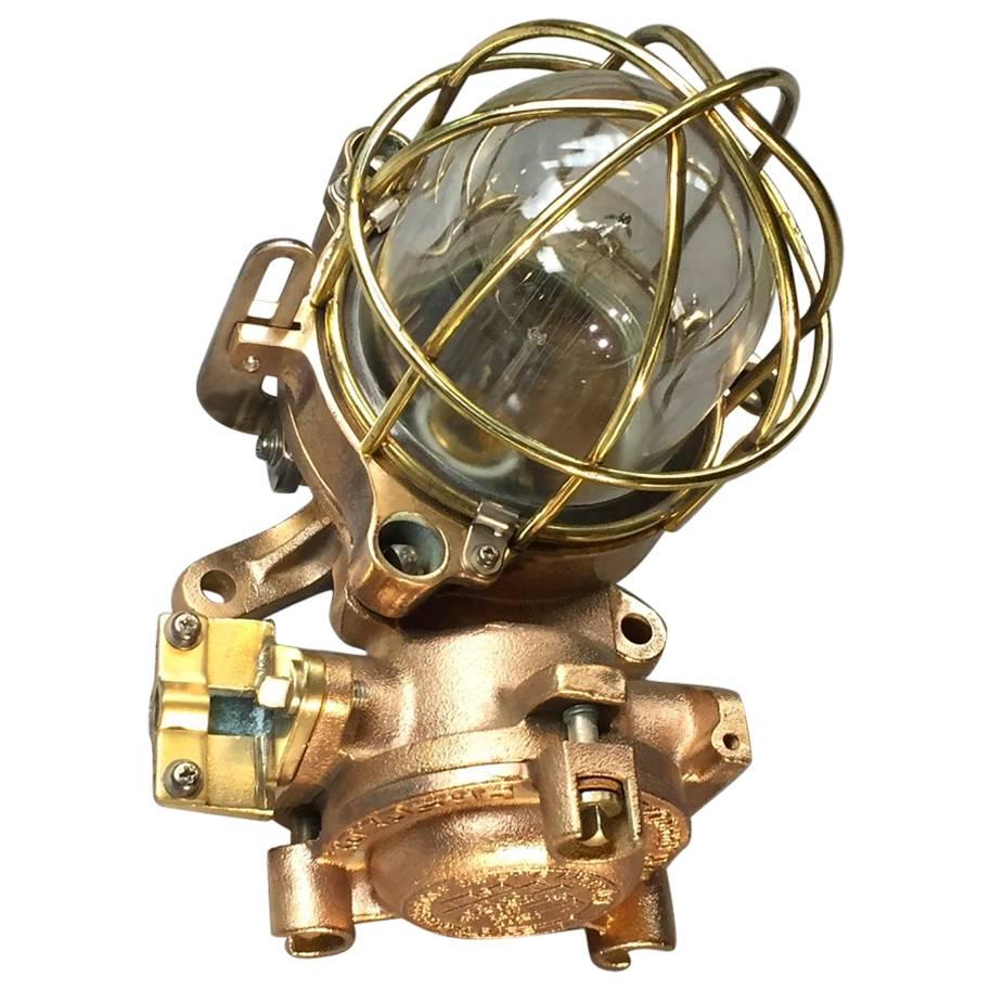 Late Century Flameproof Copper Ceiling or Wall Light, Glass Dome Brass Cage E27
