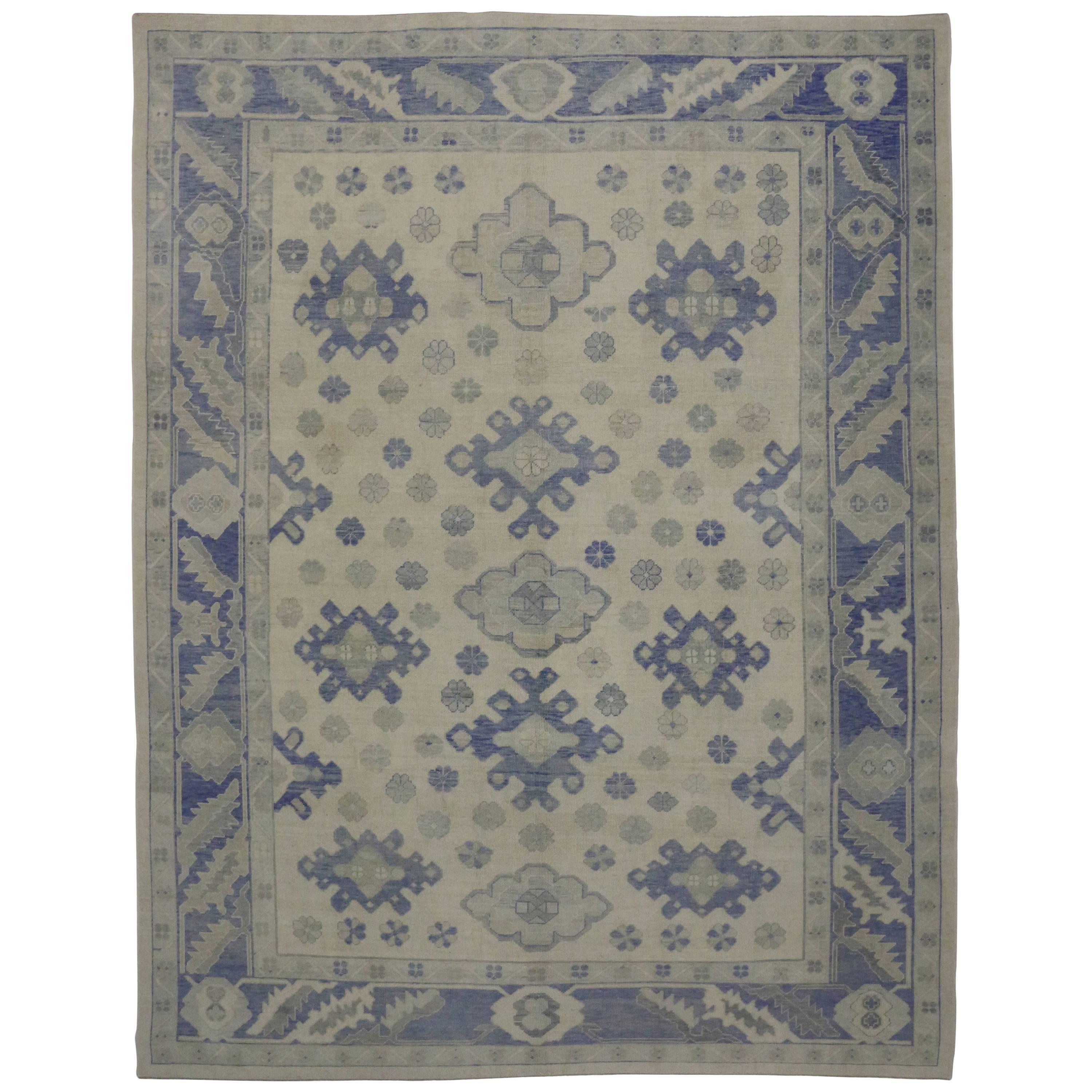 Modern Turkish Oushak Rug with Transitional Style in Majorelle Blue