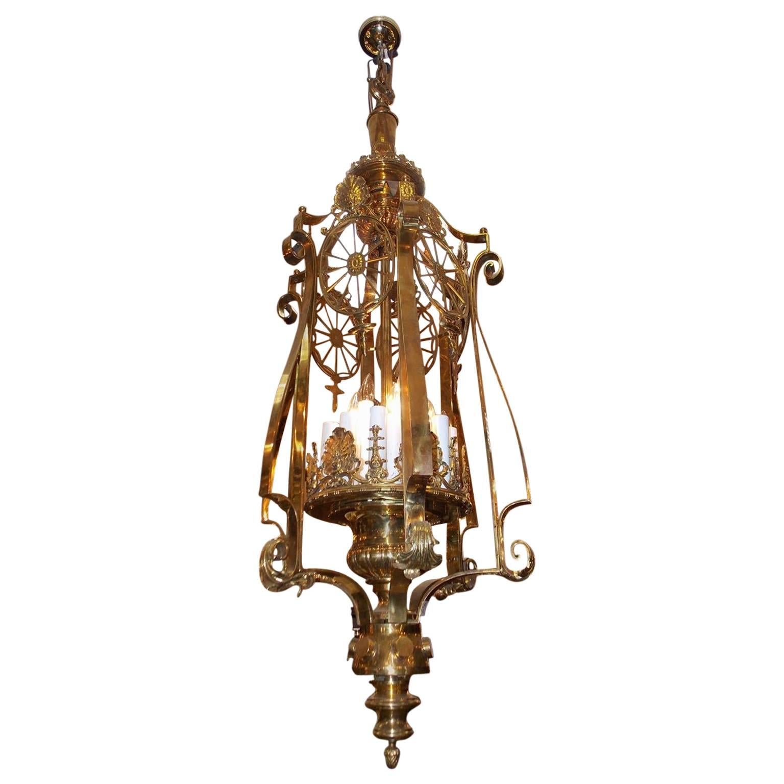 American Monumental Brass Medallion Hanging Lantern, New York, Circa 1870