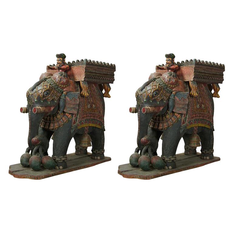 Monumental Pair of Carved Wood Indian Elephant Planters For Sale