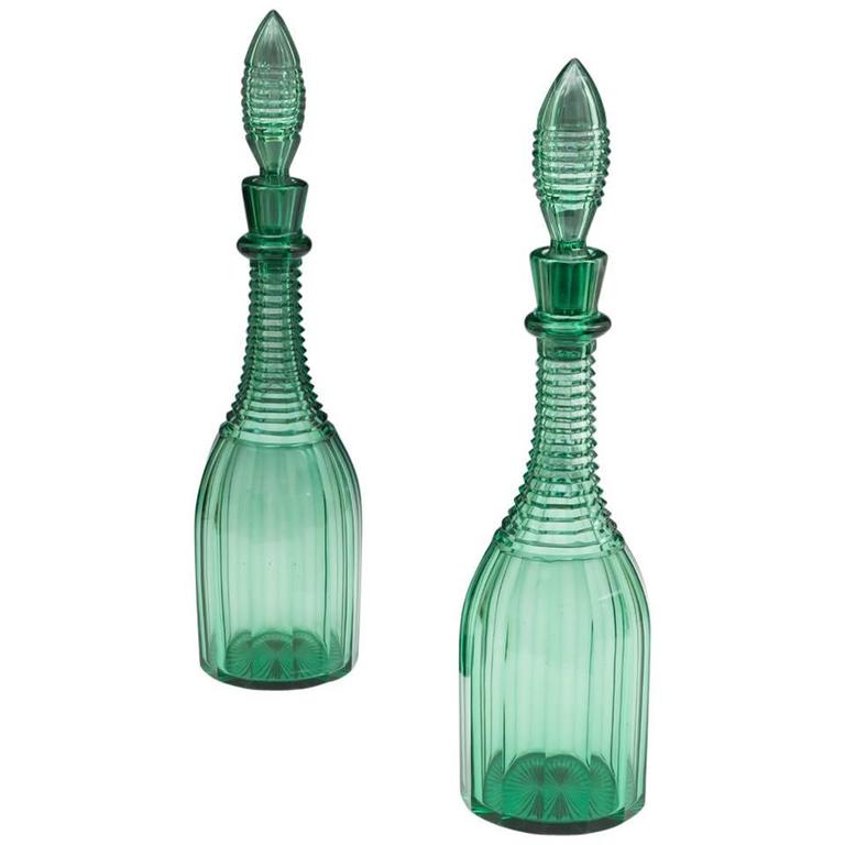 Unusual Tall Pair of Green Victorian Cut Glass Decanters at 1stdibs