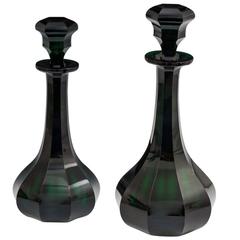 Fine Pair of Slice Cut Emerald Green Victorian Decanters