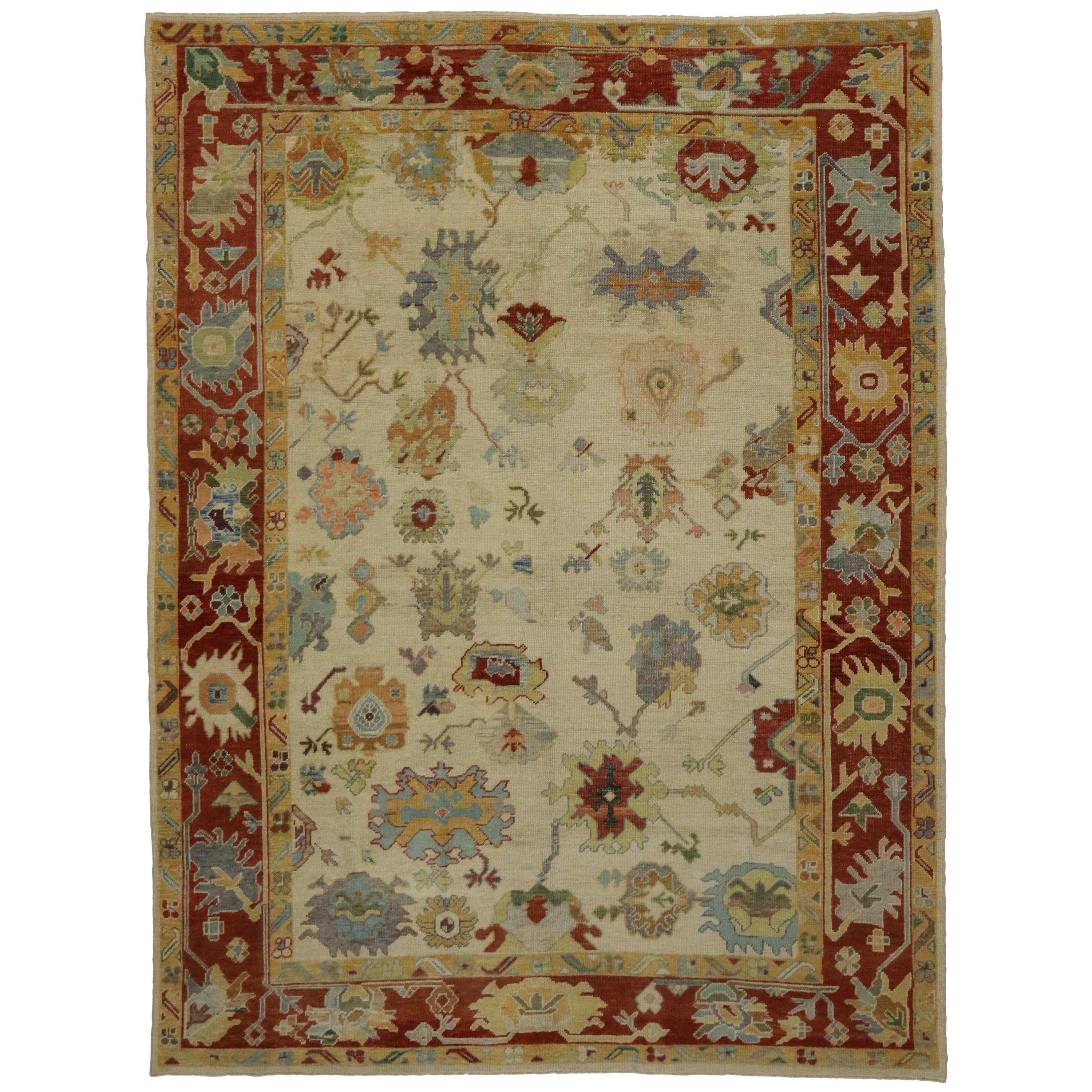 Modern Turkish Oushak Rug with Transitional Style in Traditional Colors