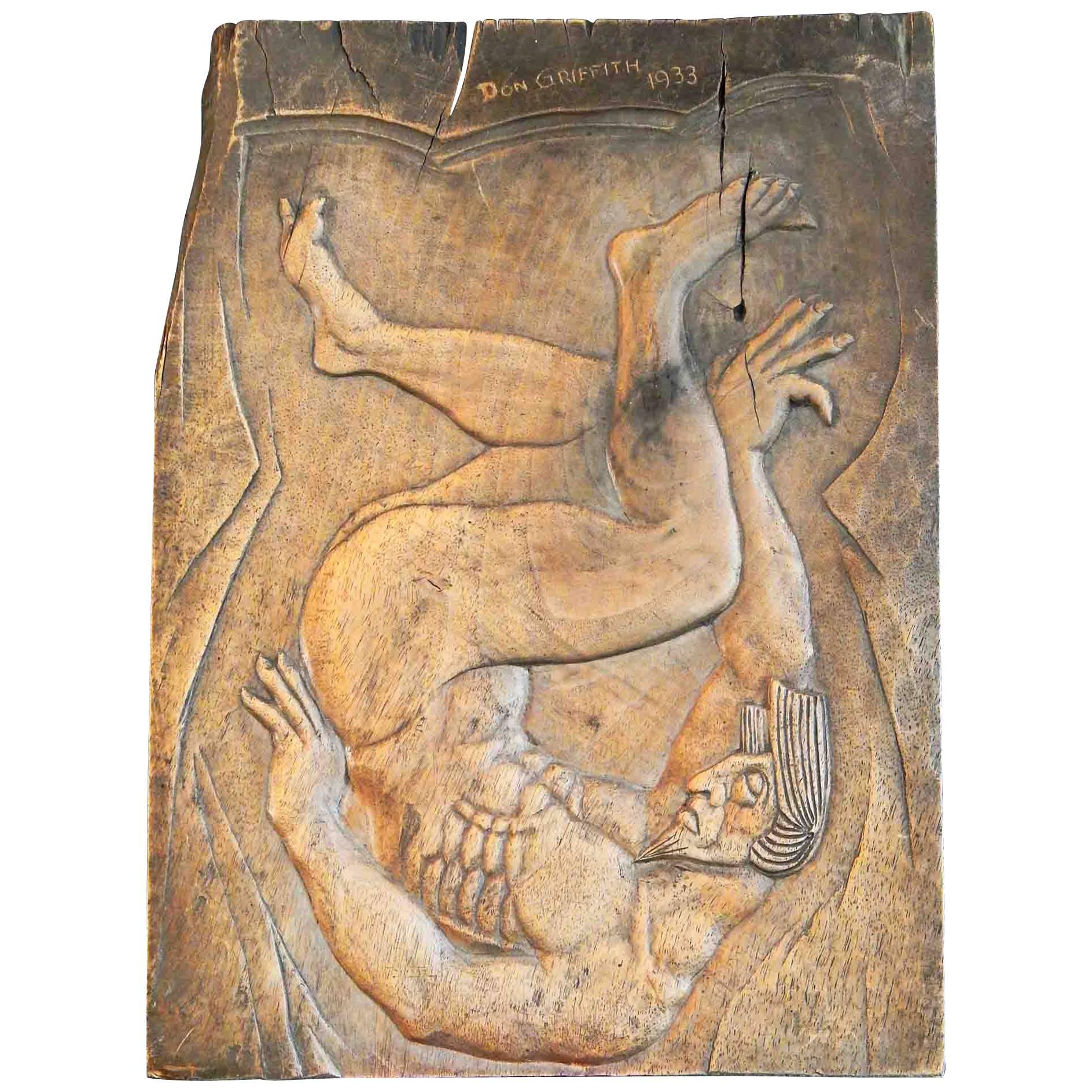Superbe panneau Art déco «lling Satyr » avec nu masculin par un sculpteur de la WPA en vente