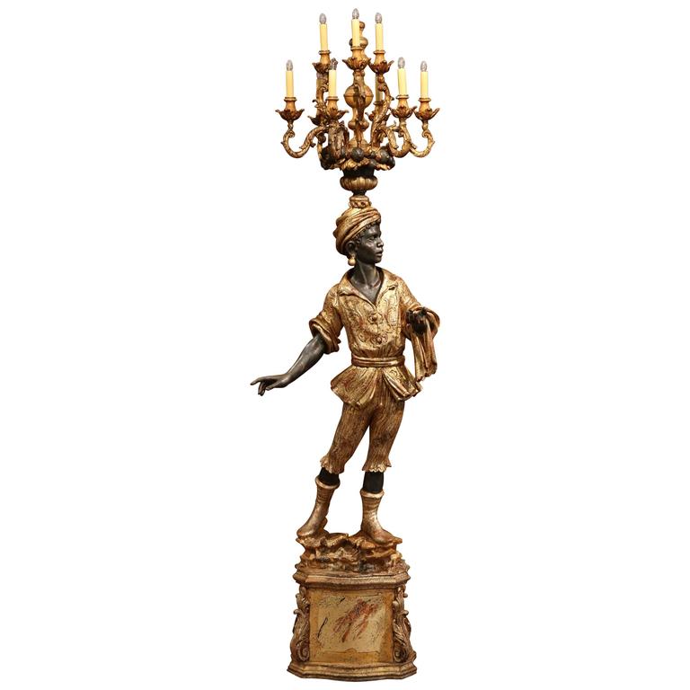 18th Century Italian Carved Polychrome And Gilt Floor Lamp With Early 20th Century Italian Carved Polychrome Blackamoor Nine Light Floor Lamp