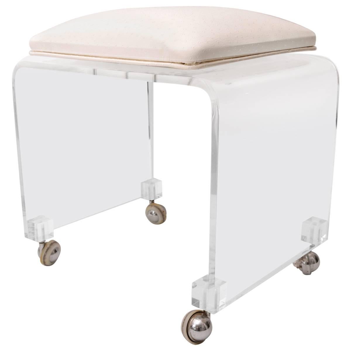 Lucite Vanity Stool, Swivel Seat Upholstered in Ostrich Pattern Fabric