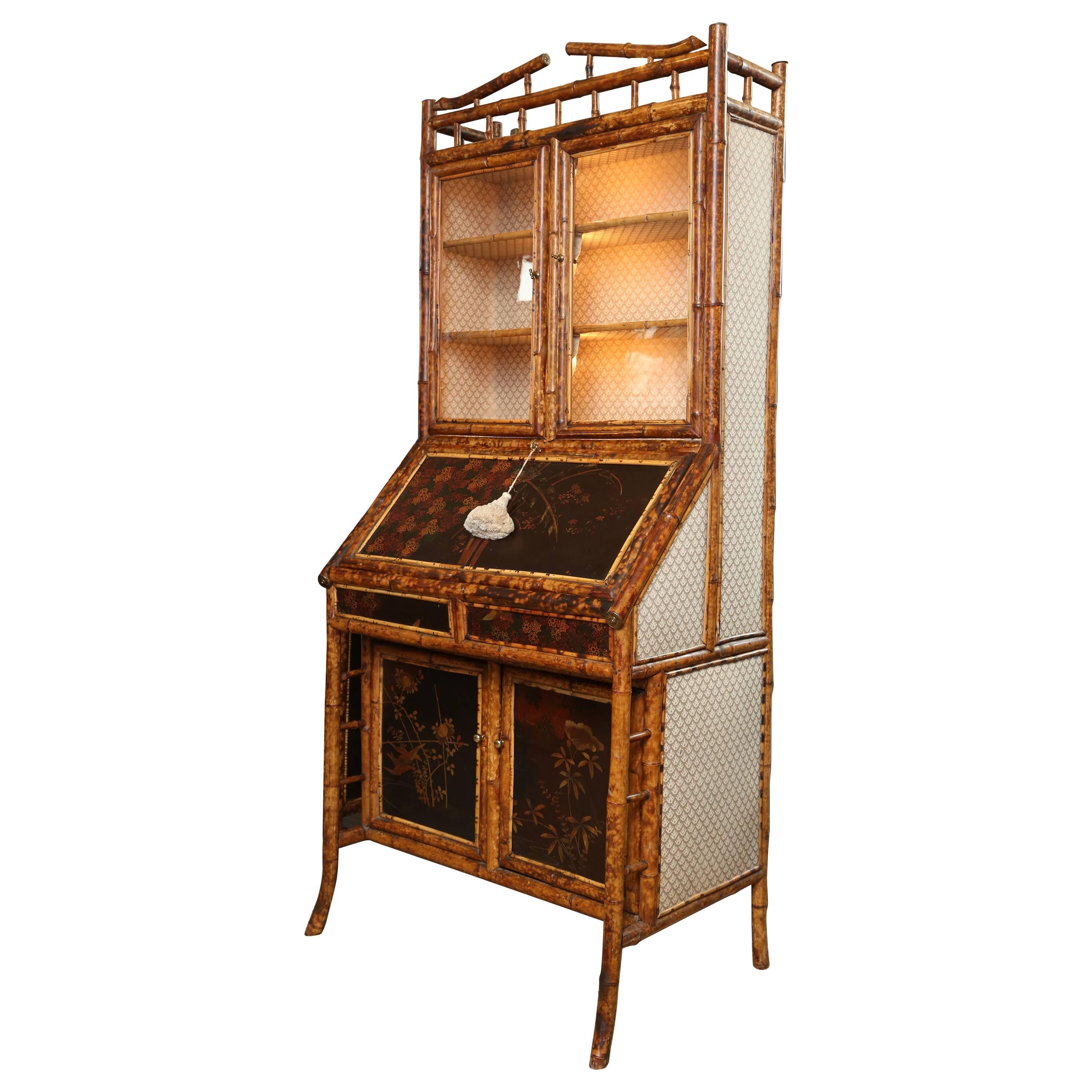 Superb 19th Century English Bamboo Secretary Bookcase