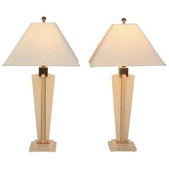 Vintage Pair of Frederick Cooper Frosted Lucite and Brass Lamps with Shades