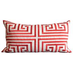 Modern Trina Turk Orange Greek Key Linen Embroidered Pillow