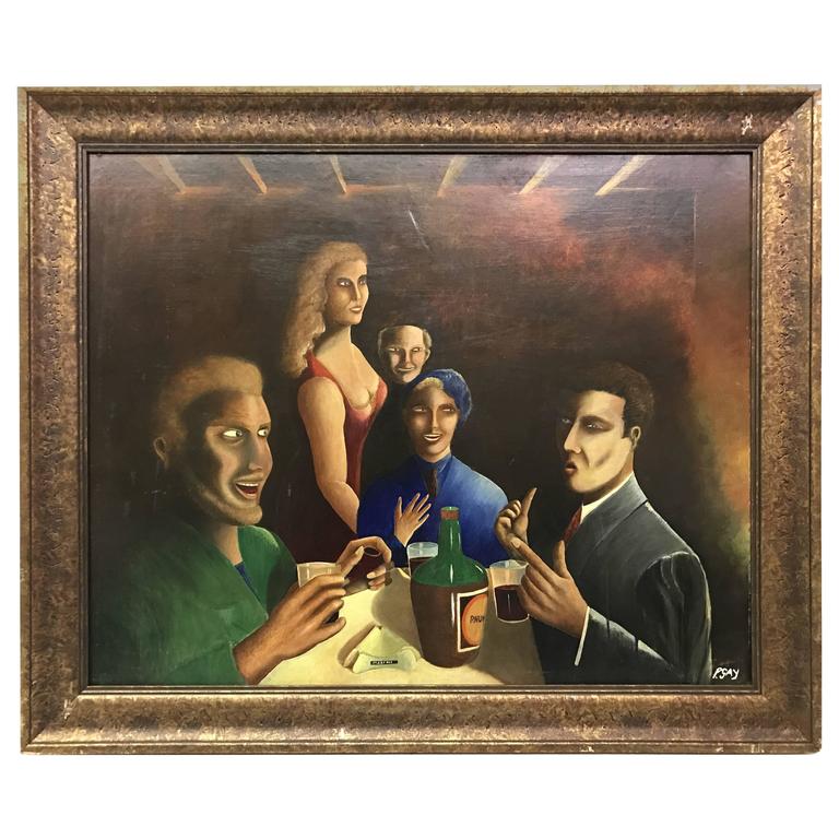 French MidCentury Oil Painting of Bar Scene at 1stdibs