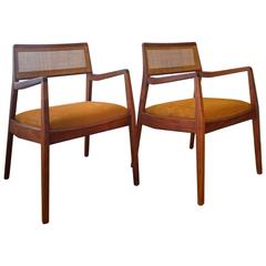 Pair of Jens Risom Walnut Cane Back Armchairs