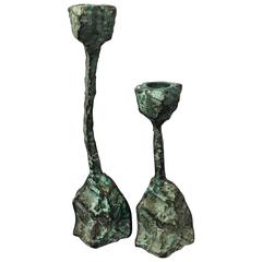 Pair of Patinated Bronze Brutalist Candleholders in the Style of Paul Evans