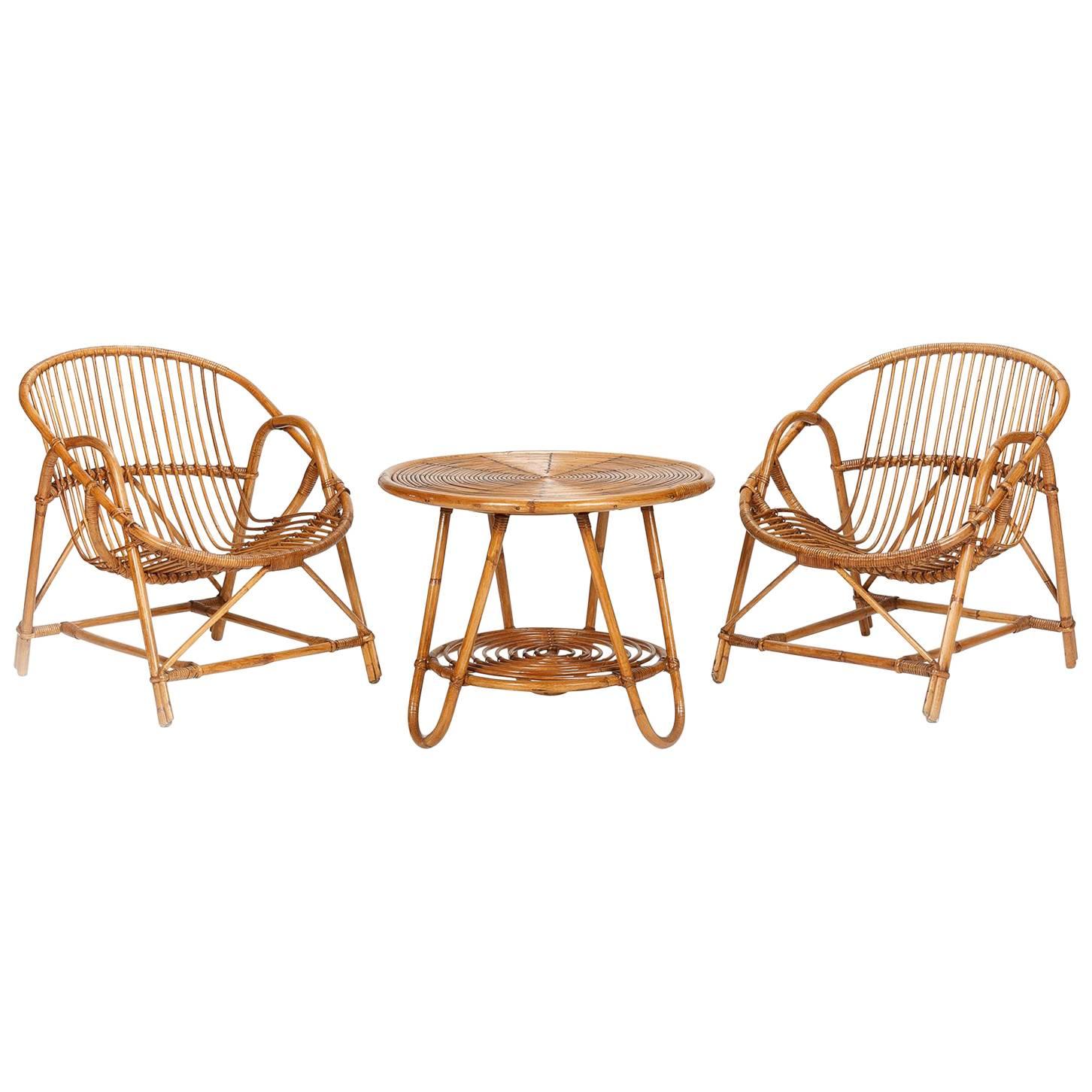 Pair of French Bamboo Armchairs with Table, 1950s