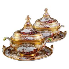 Two Meissen Gold-Ground Terrines with Covers and Stands