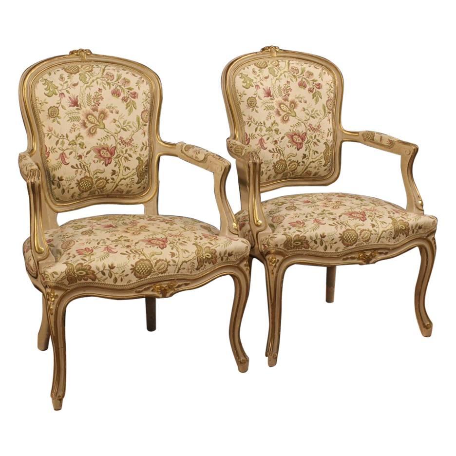 20th Century Pair of Italian Lacquered and Gilded Armchairs