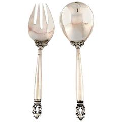 Georg Jensen "Acorn" Serving Spoon and Fork in Full Sterling Silver