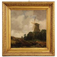 Dutch Landscape with Windmill Painting from 19th Century