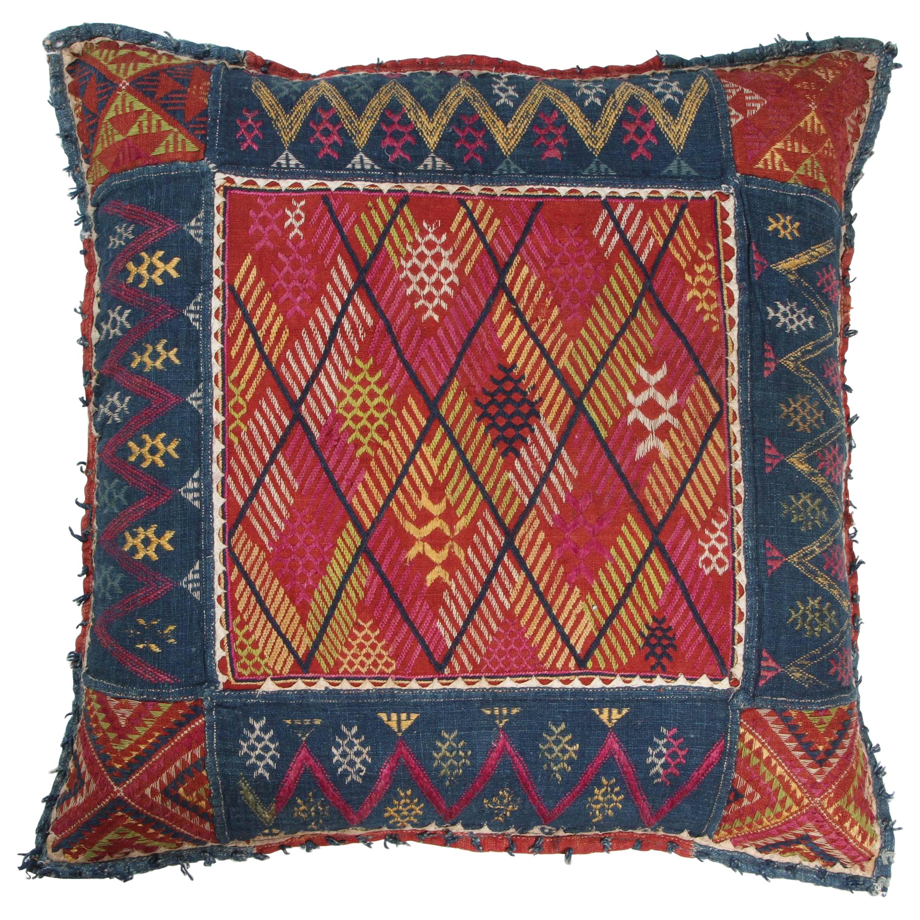 Indian Banjara Cotton Textile Pillow in Blue, Red, Yellow, Ivory For Sale