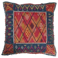 Indian Banjara Cotton Textile Pillow in Blue, Red, Yellow, Ivory