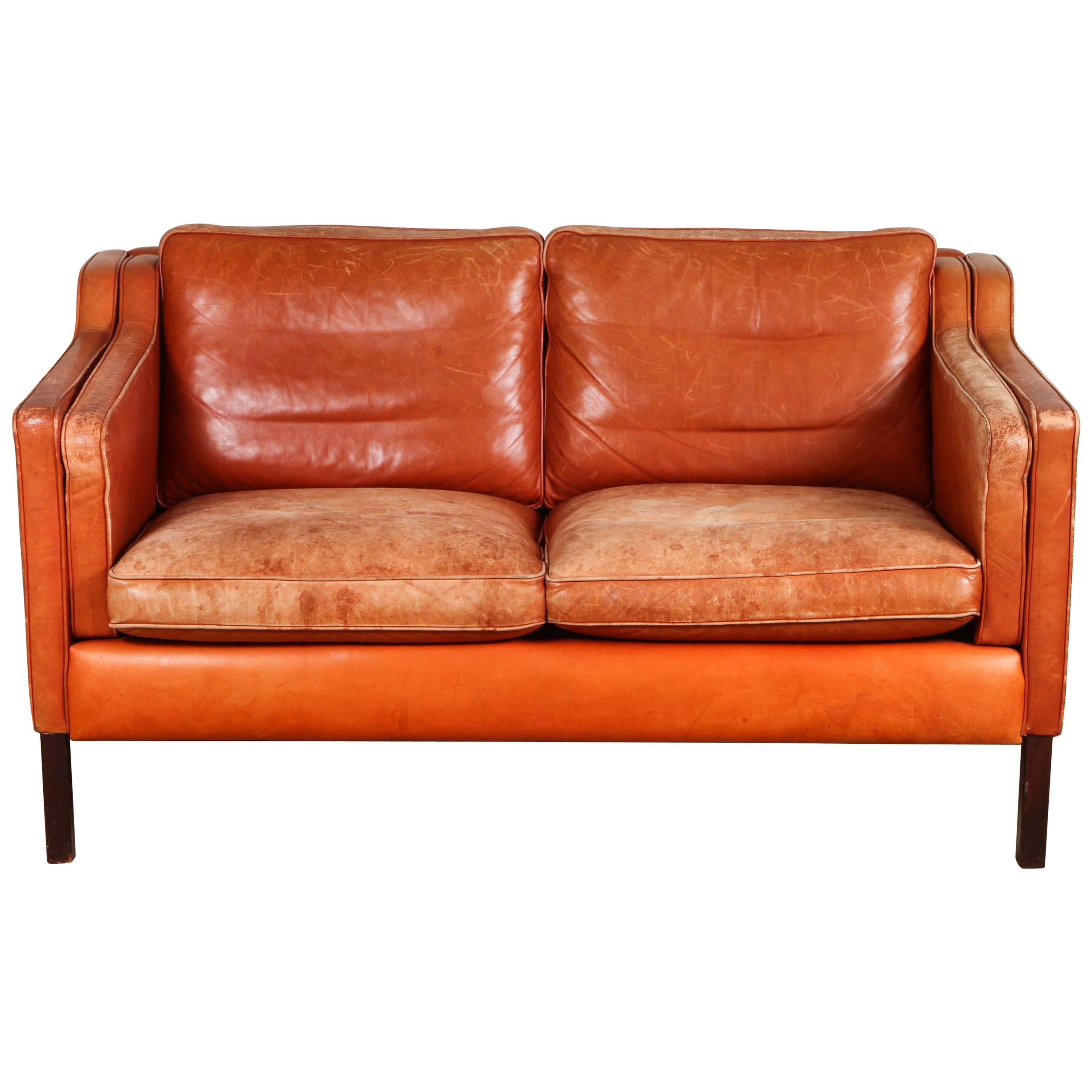 Børge Mogensen Mid-Century Leather Loveseat, Burnt Orange Leather For Sale