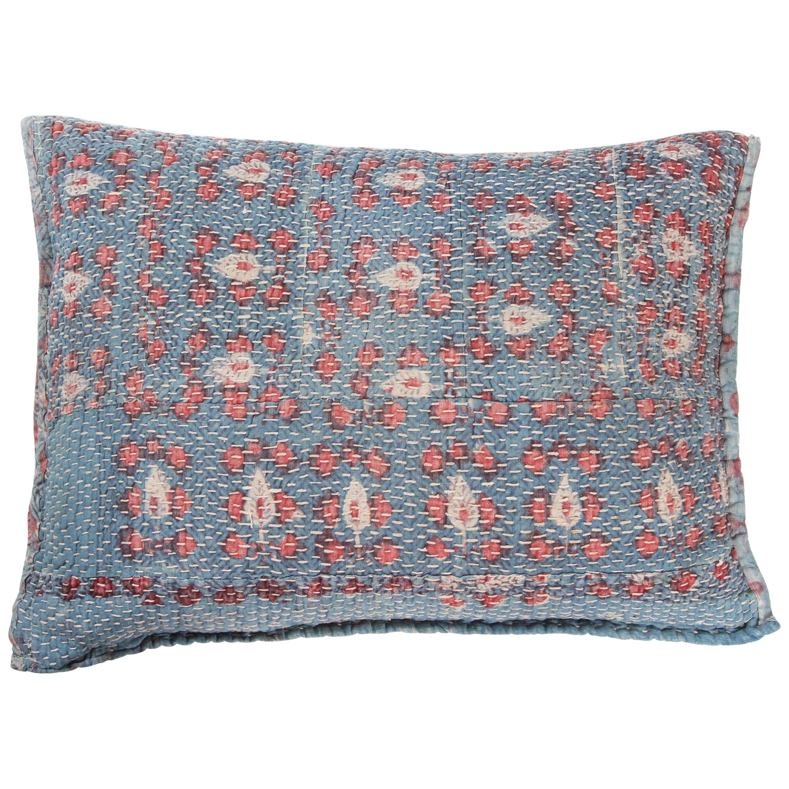Indian Banjara Quilted Cotton Storage Bag Pillow, Red, Turquoise Blue and White For Sale