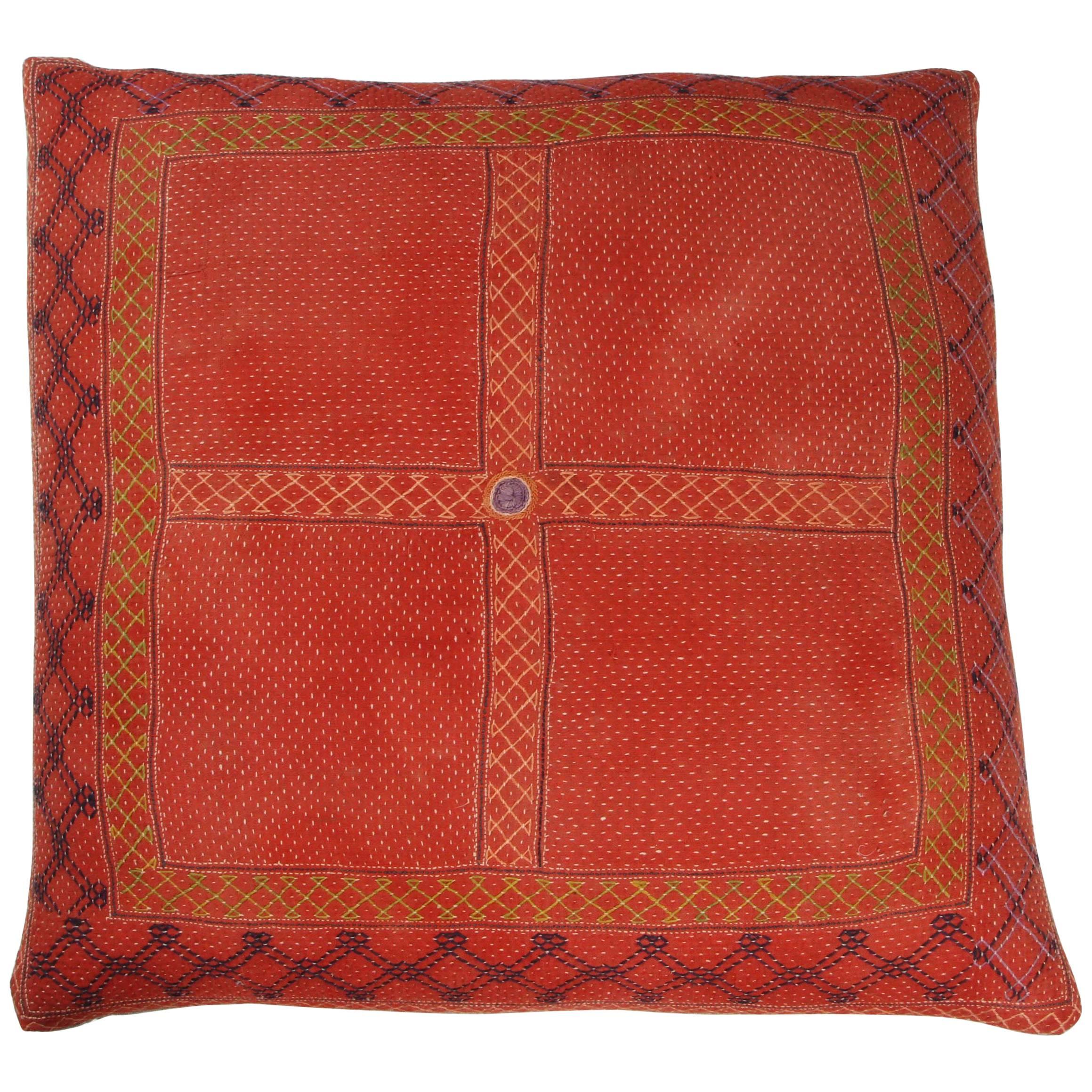 Indian Banjara Cotton Bag Face Pillow, Orange-Red, Yellow and Blue For Sale