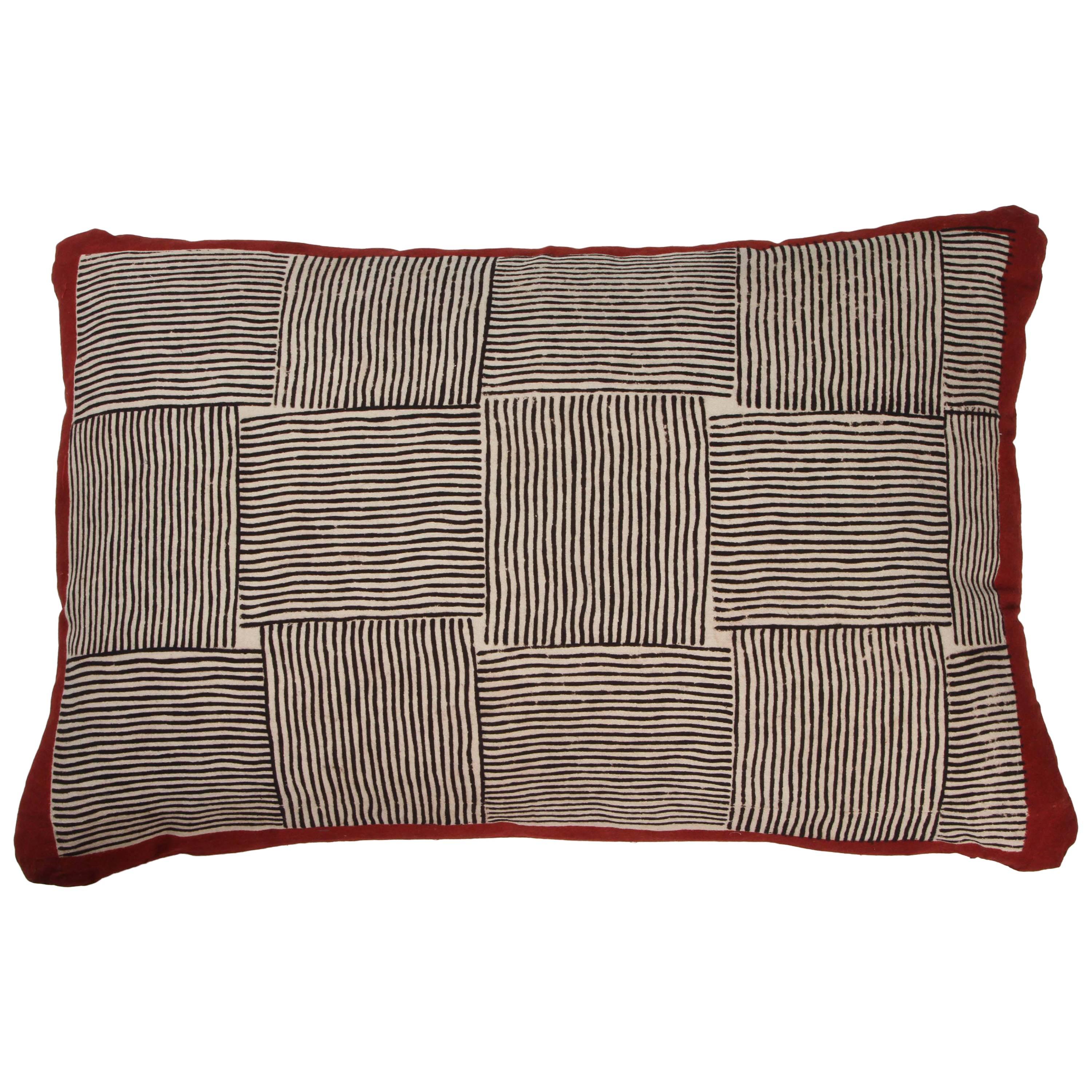 Gopal Indian Cotton Block Print Pillow, Black, White and Red For Sale