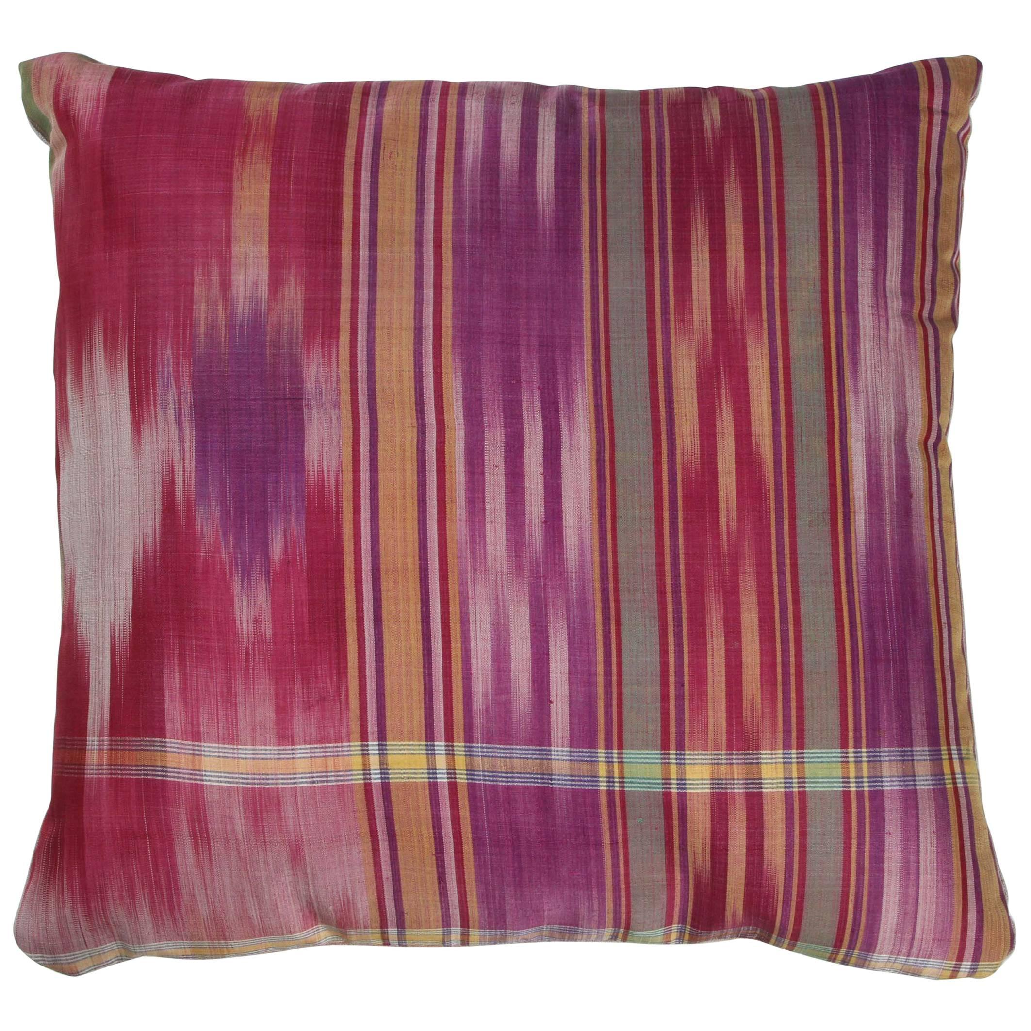 Central Asian Silk Ikat Pillow, Red, Pink, Gold, Green and Purple For Sale