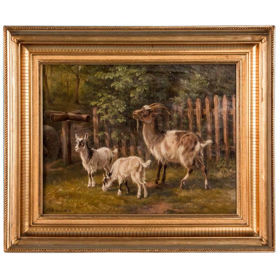 Antique 19th Century Original Danish Oil Painting of Barnyard Goats