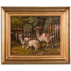 Antique 19th Century Original Danish Oil Painting of Barnyard Goats 8