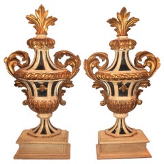 Tall and Large Carved  Pair of Painted and Giltwood Italian Urns or Appliques
