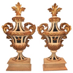 Tall and Large Carved Pair of Painted and Giltwood Italian Urns or Appliques