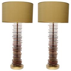 Pair of Tall Brass and Agates Table Lamps