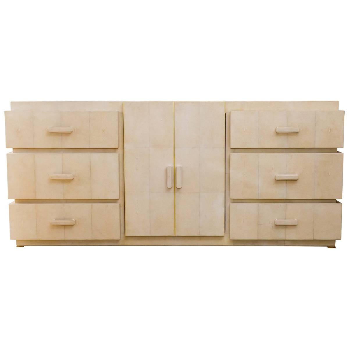 Beautiful White Shagreen Buffet with Six Drawers and Two Cabinet Doors For Sale