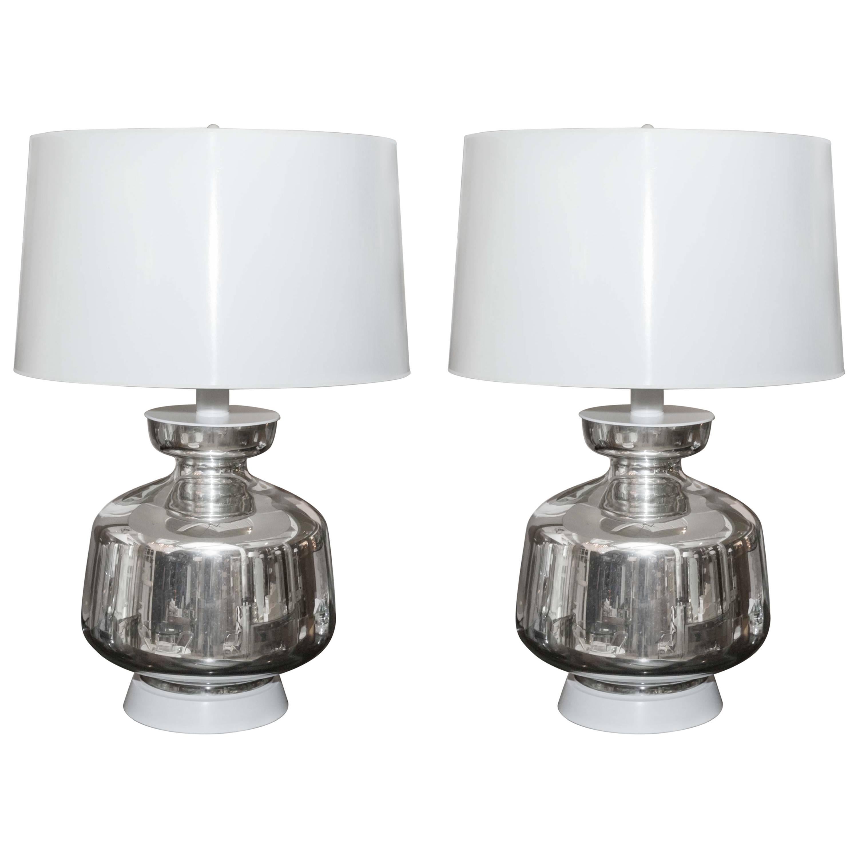 Spectacular Pair of Mid-Century Mercury Glass Lamps with Custom Shades
