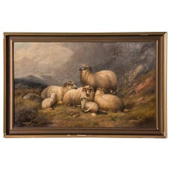 Antique 19th Century Original English Oil Painting Landscape with Sheep