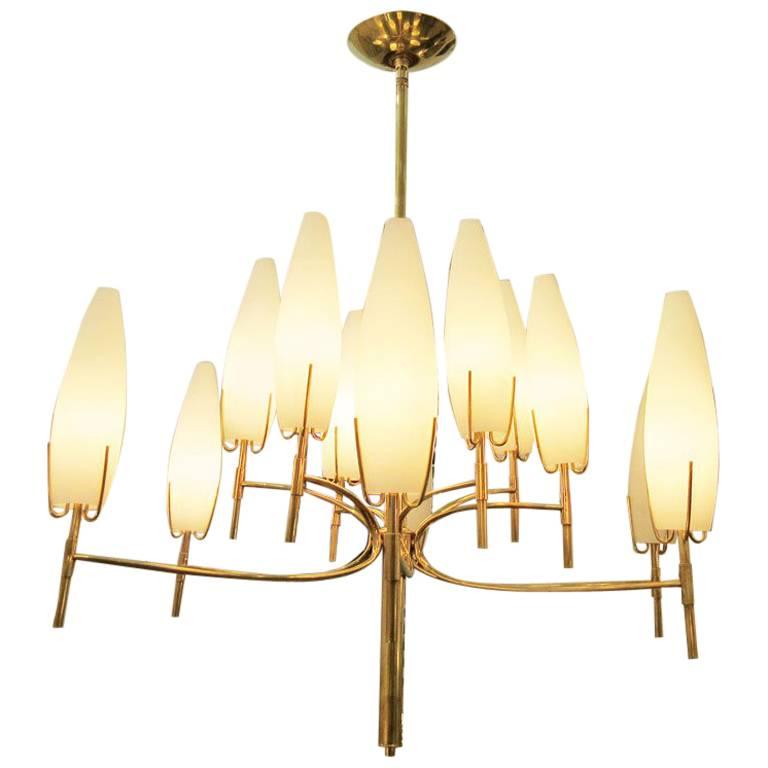 Italian Brass Twelve-Arm Chandelier with Conical Frosted Shades