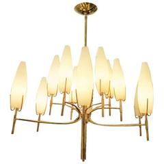 Italian Brass Twelve-Arm Chandelier with Conical Frosted Shades