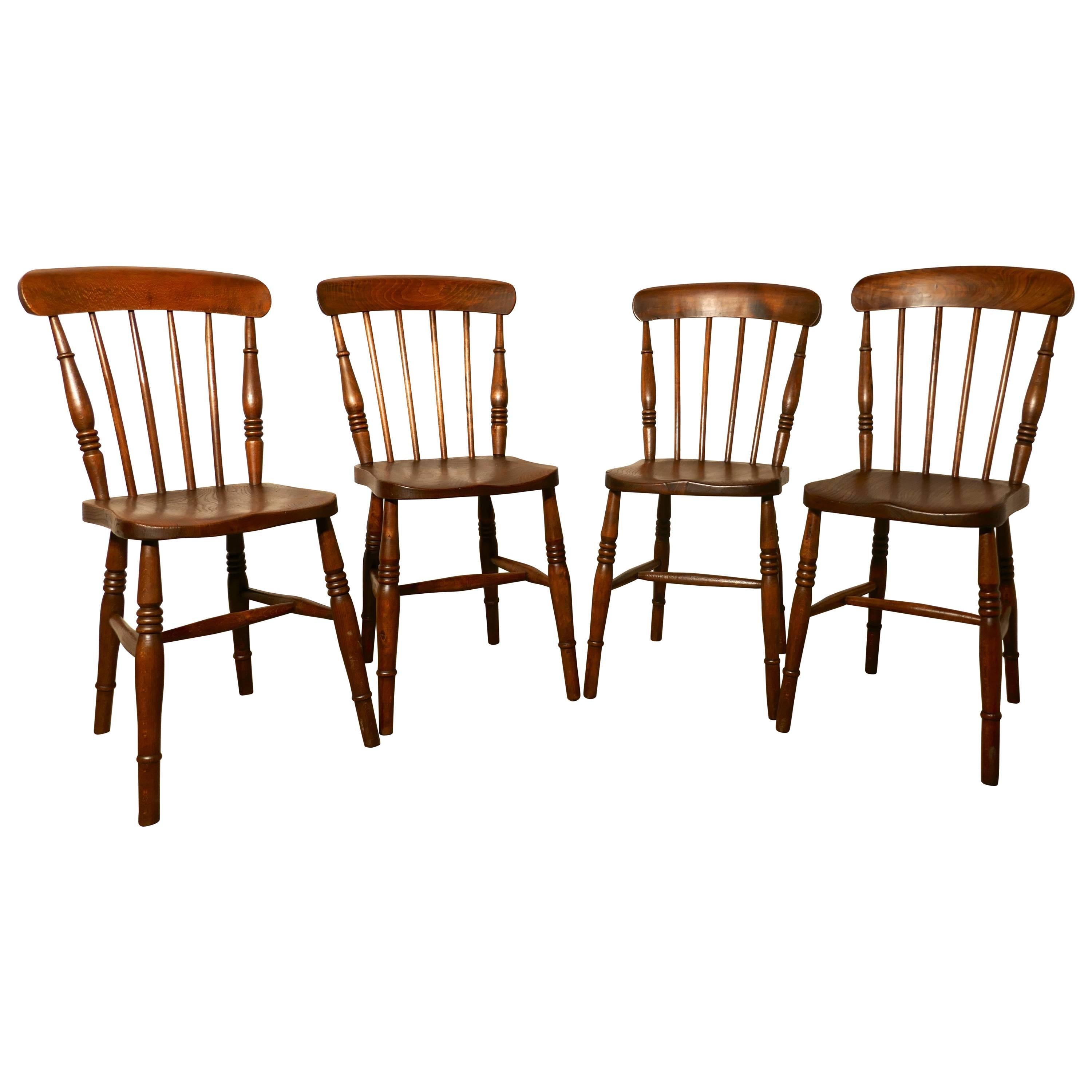 Set of Four Victorian Elm Seated Stick Back Windsor Kitchen Dining Chairs