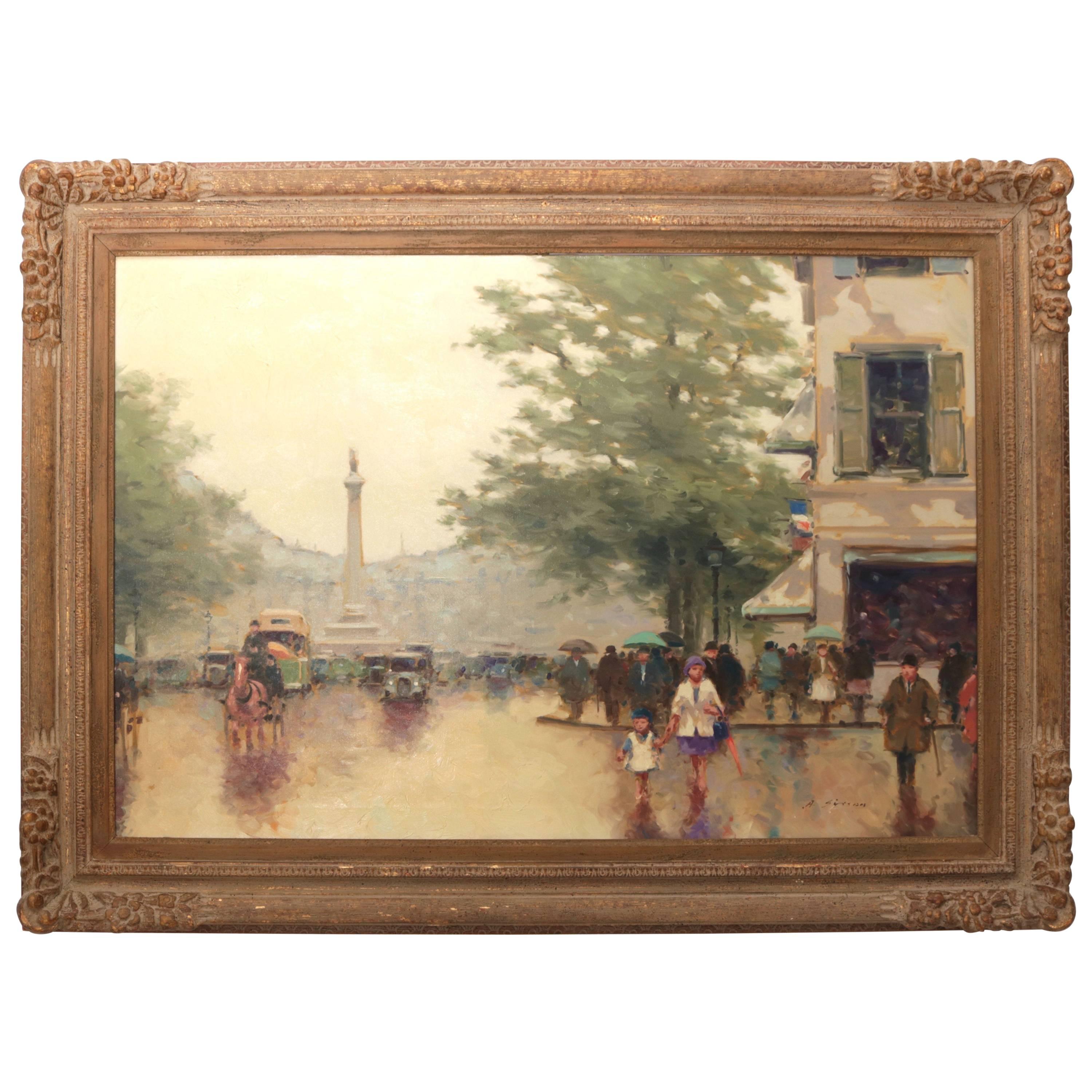 Mid-Century, Romantic Style "Parisian Street Scene" Oil on Canvas